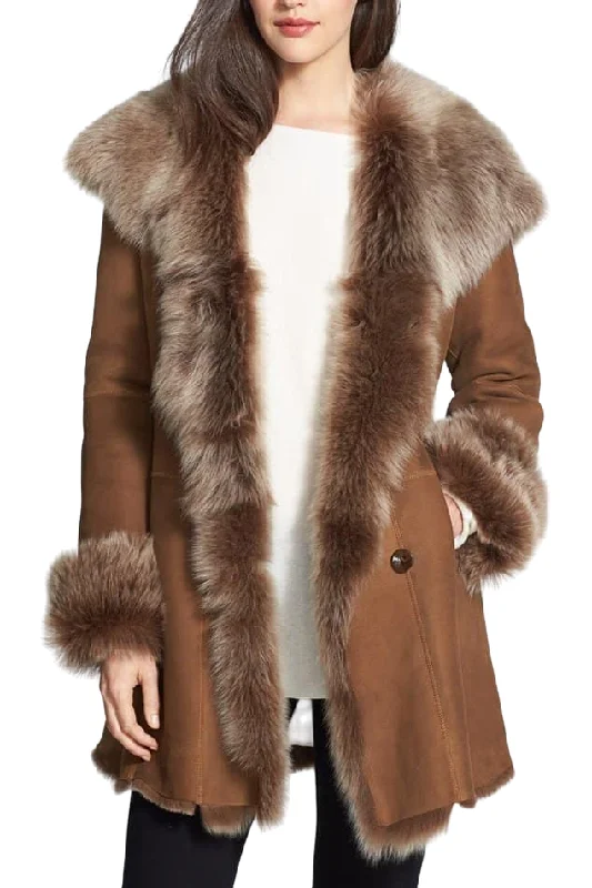 Women Suede Shearling Leather Fur Coat