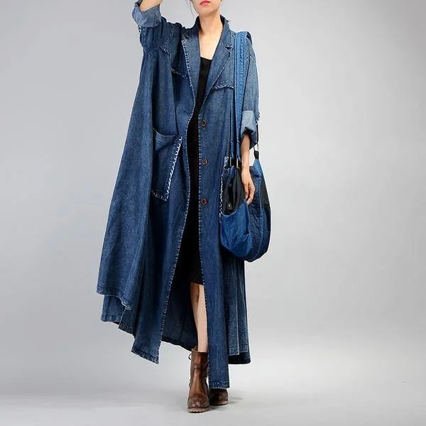 Women Trench Coat 2020 Fall Winter New Pockets Long Sleeve Blue Plus Size Trench