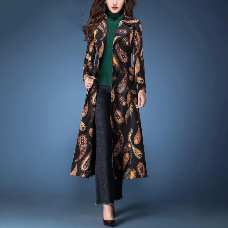 wowen stylish prints lapel collar cotton trench coat tie waist elegant coats