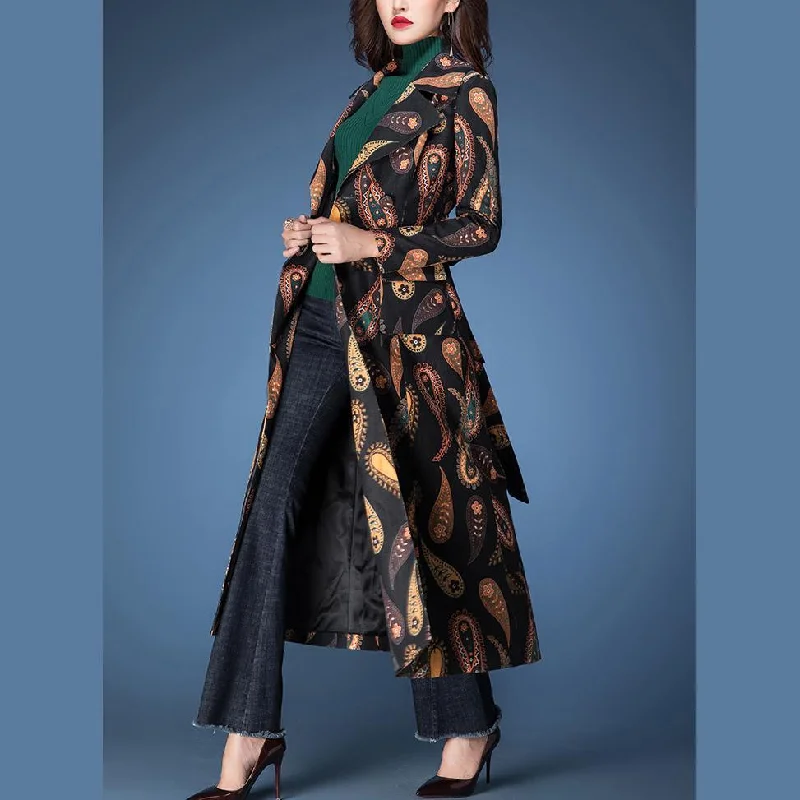 wowen stylish prints lapel collar cotton trench coat tie waist elegant coats