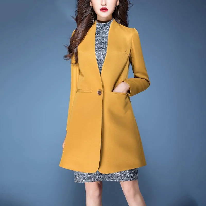 yellow solid color elegant cotton blended coats fashion long sleeve trench coats