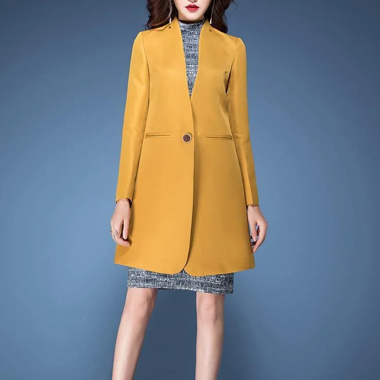 yellow solid color elegant cotton blended coats fashion long sleeve trench coats