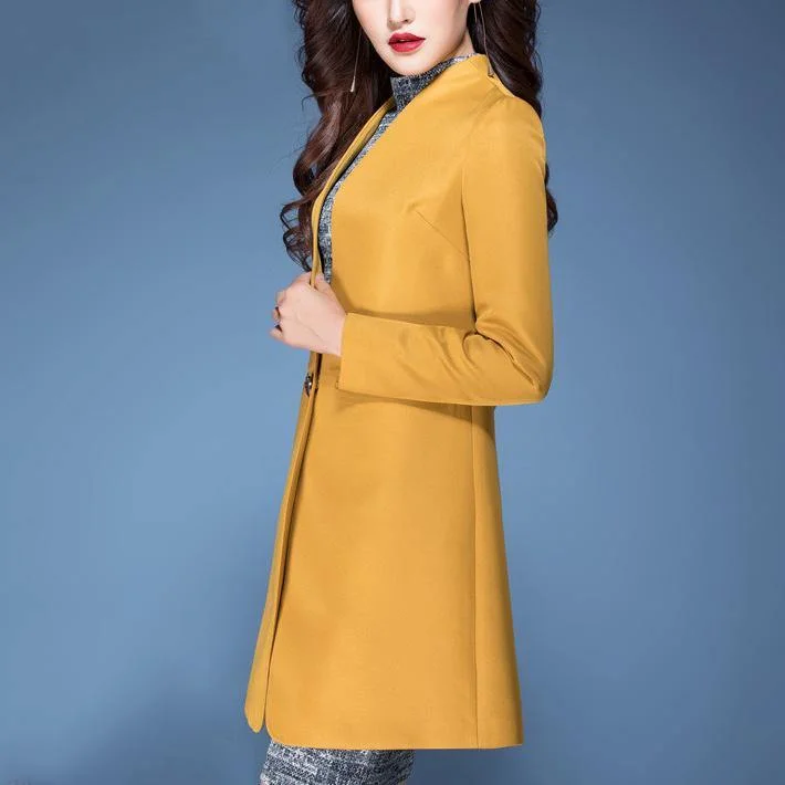 yellow solid color elegant cotton blended coats fashion long sleeve trench coats