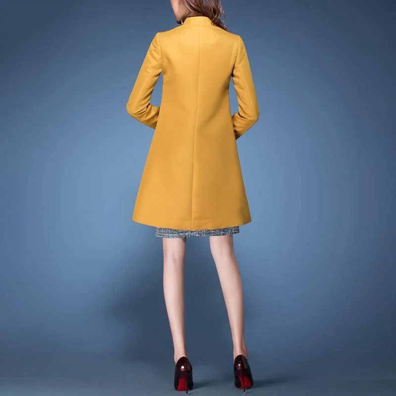 yellow solid color elegant cotton blended coats fashion long sleeve trench coats