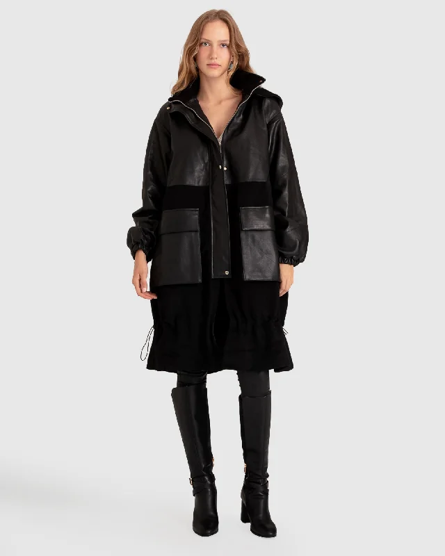 Back to Black Oversized Leather Panelled Coat - Black