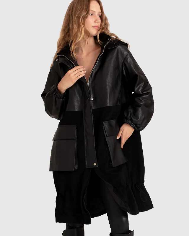 Back to Black Oversized Leather Panelled Coat - Black