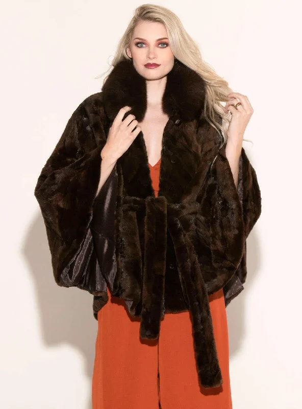 Sheared Mink Fur Cape with Fox Fur Collar and Detachable Belt