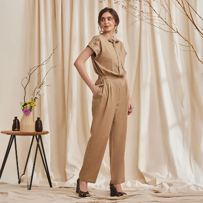 Organic Cotton Jumpsuit for Women | Embroidered | Camel Brown