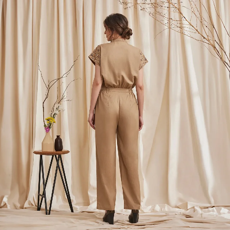 Organic Cotton Jumpsuit for Women | Embroidered | Camel Brown