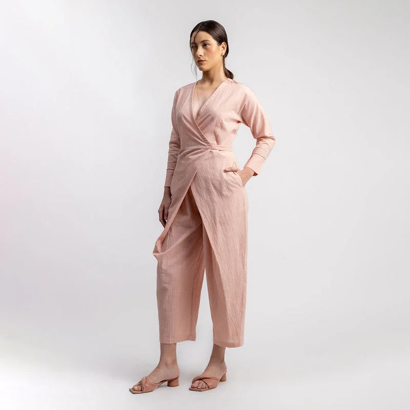 Cotton Linen Pink Jumpsuit for Women | Front Wrap