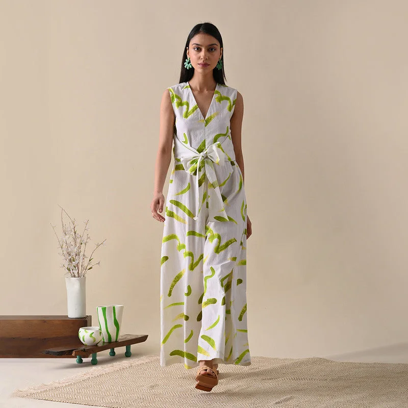 Jumpsuits For Women | Pure Cotton | Tie-Up Belt | Ivory & Olive