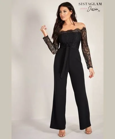 Lace Bardot Wide Leg Jumpsuit Black