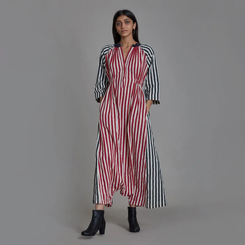 Pure Cotton Jumpsuit | Striped | Red & Black