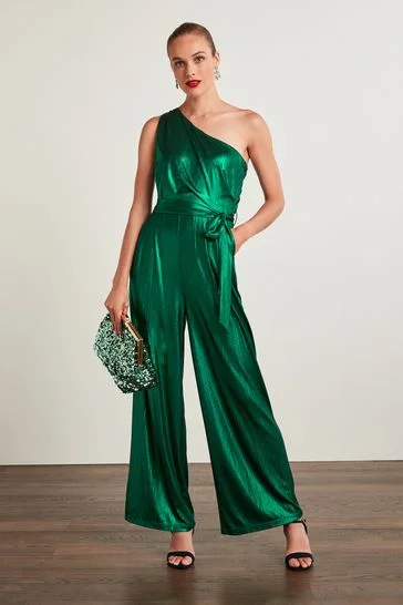 One Shoulder Metallic Jumpsuit Green