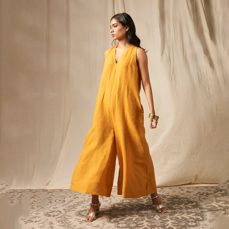 Linen Flared Jumpsuit for Women | Yellow