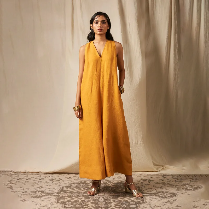 Linen Flared Jumpsuit for Women | Yellow