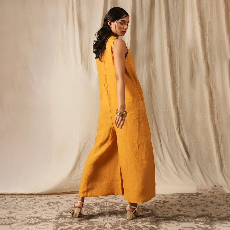 Linen Flared Jumpsuit for Women | Yellow