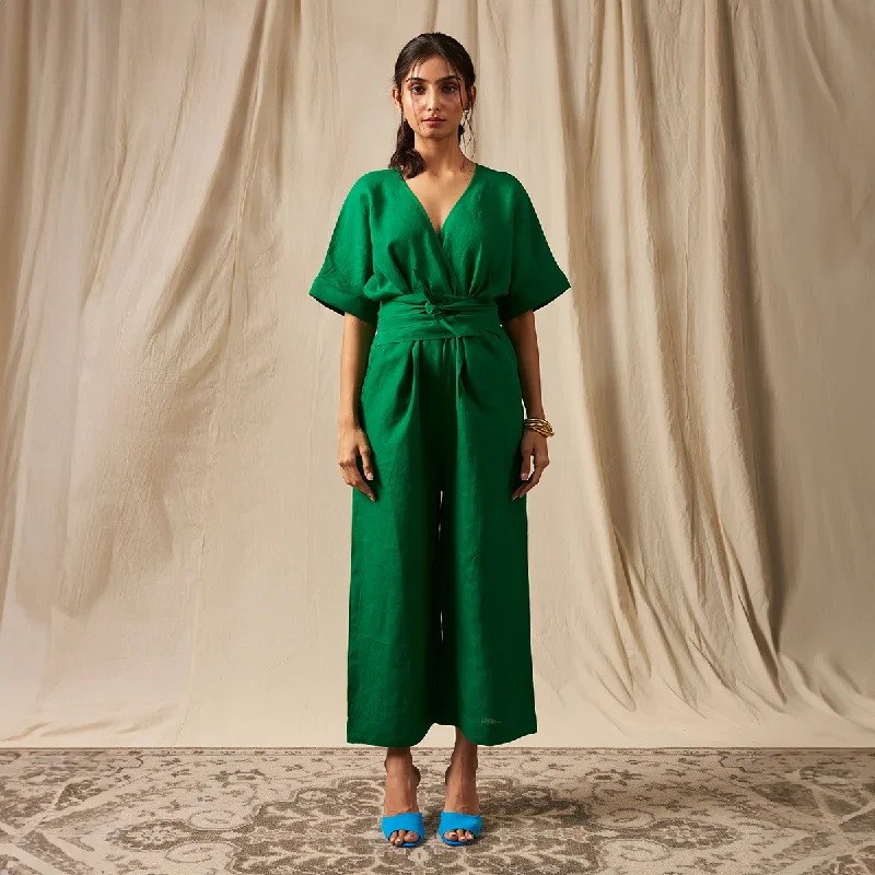 Linen Wrap Jumpsuit For Women | Quart Sleeves | Green