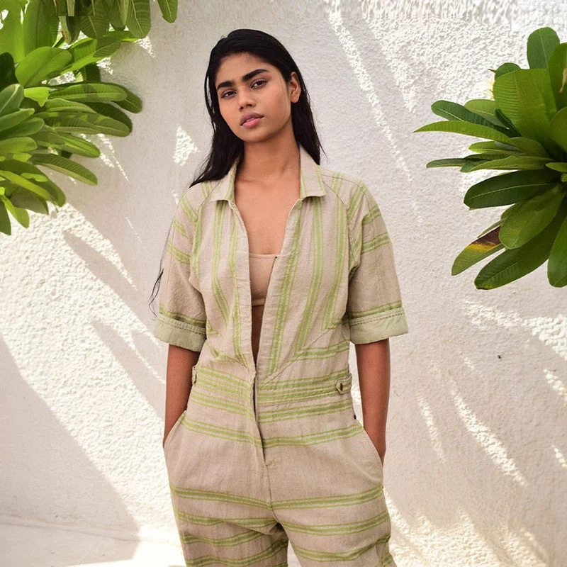 Linen Unisex Jumpsuit | Striped | Front-Open | Grey & Green