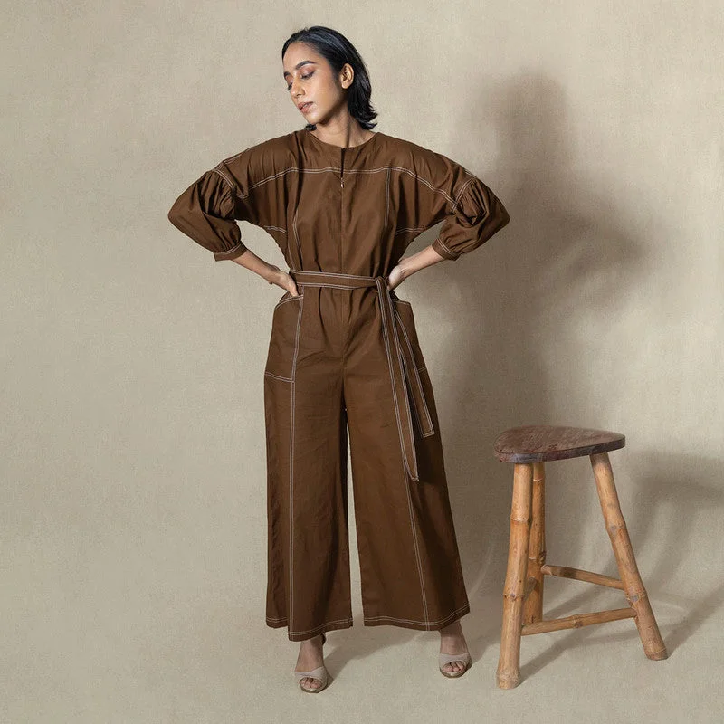 Cotton Jumpsuit for Women | Brown | Drop Shoulder