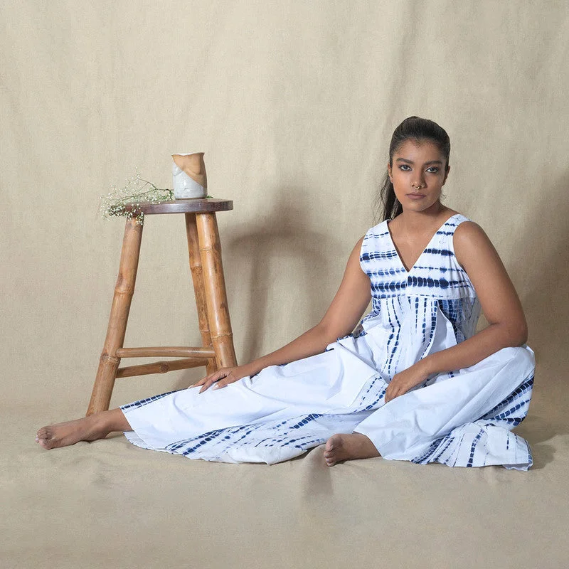 Cotton Jumpsuit for Women | White & Blue | Shibori Dyed