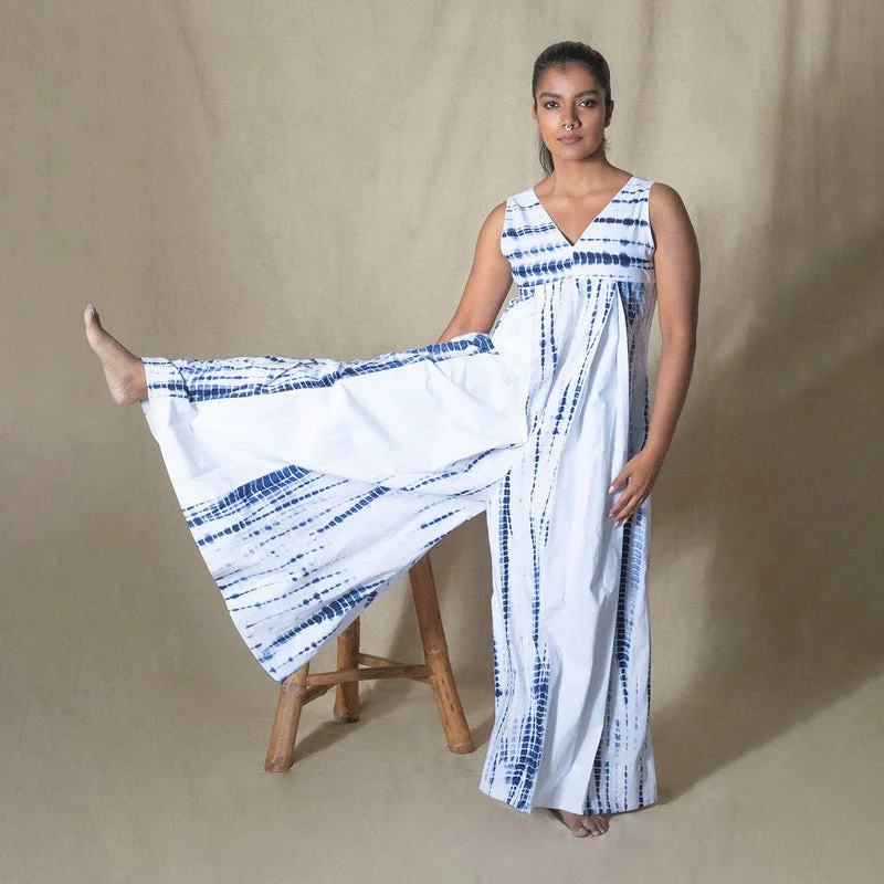 Cotton Jumpsuit for Women | White & Blue | Shibori Dyed