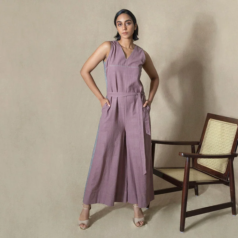 Cotton Silk Pleated Jumpsuit | Purple | Sleeveless