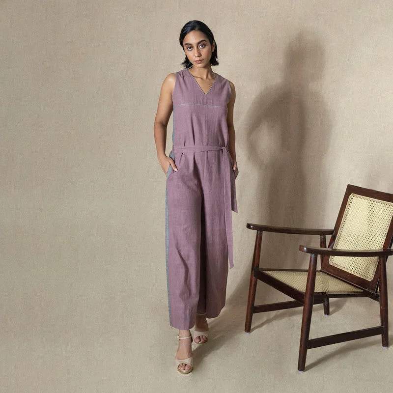 Cotton Silk Pleated Jumpsuit | Purple | Sleeveless