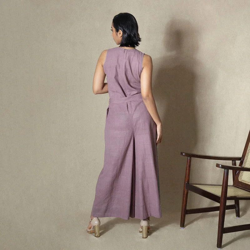 Cotton Silk Pleated Jumpsuit | Purple | Sleeveless