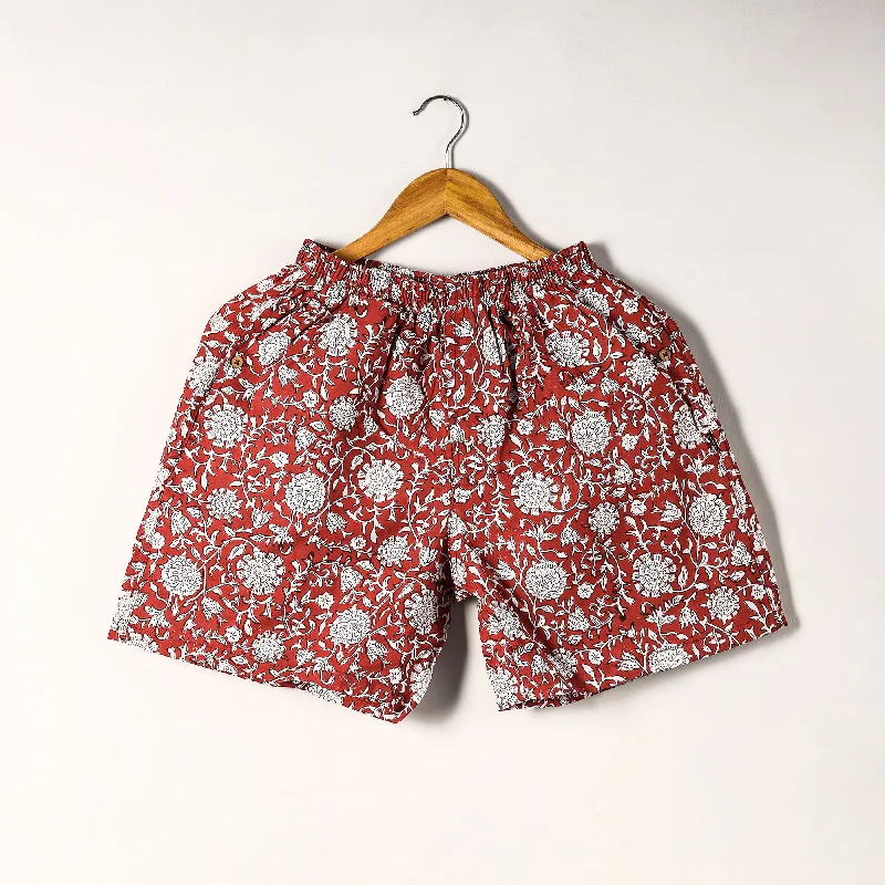 Red - Sanganeri Block Printed Cotton Unisex Boxer/Shorts