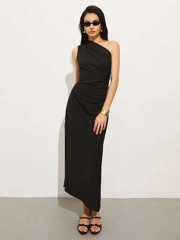 Asymmetrical Collar Pleated Long Dress