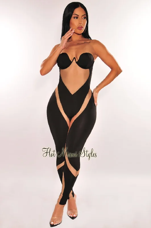 Black Nude Mesh Padded Strapless Underwire Jumpsuit