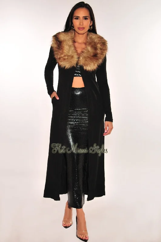 black-ribbed-knit-faux-fur-collar-long-sleeves-duster-coat