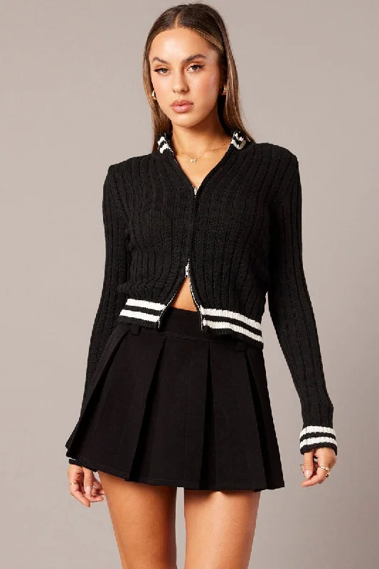 black-zip-up-cardigan-long-sleeve-mock-neck-stripe-trim-kn2533-41j-1