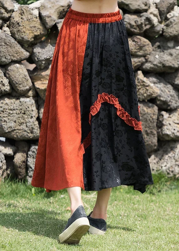 bohemian-orange-ruffled-jacquard-patchwork-silk-skirts-summer