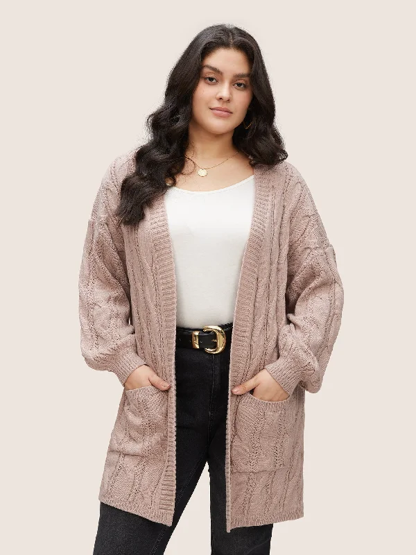 Cable Knit Solid Open Front Split Hem Cardigan