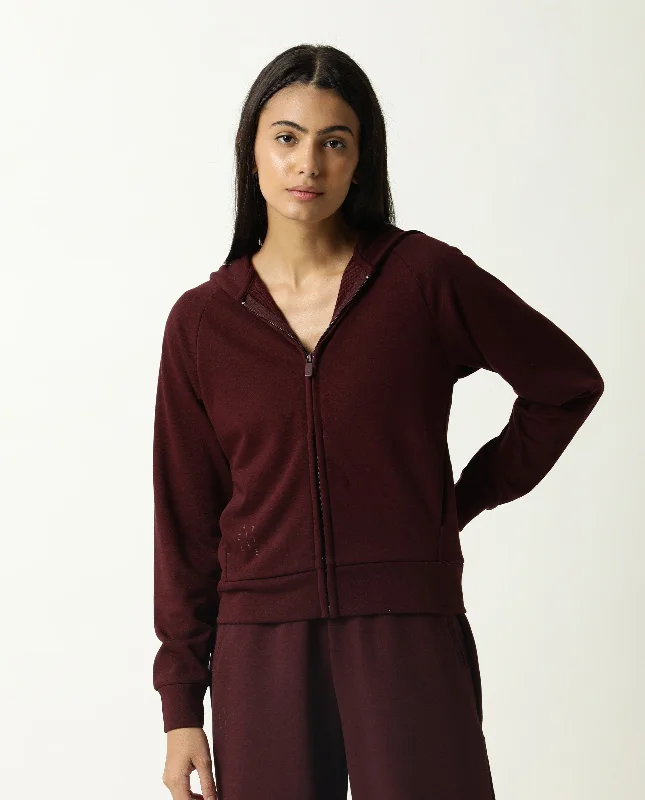 Rareism Women'S Capper Maroon Cotton Blend Fabric Full Sleeves Solid Hooded Jacket