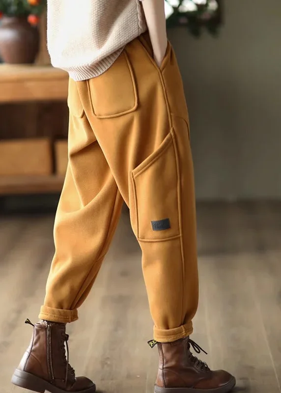 Casual Yellow Pockets Patchwork Elastic Waist Warm Fleece Pants Spring