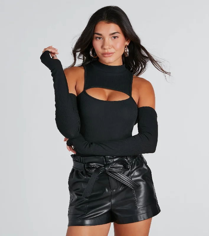 Catch Glances Mock Neck Cold-Shoulder Bodysuit