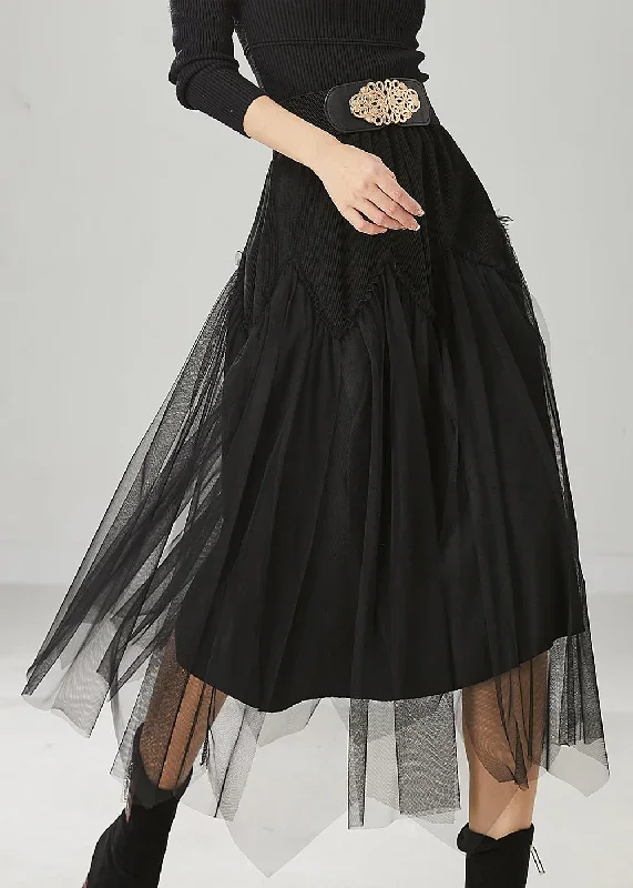 chic-black-high-waist-patchwork-tulle-corduroy-skirts-spring