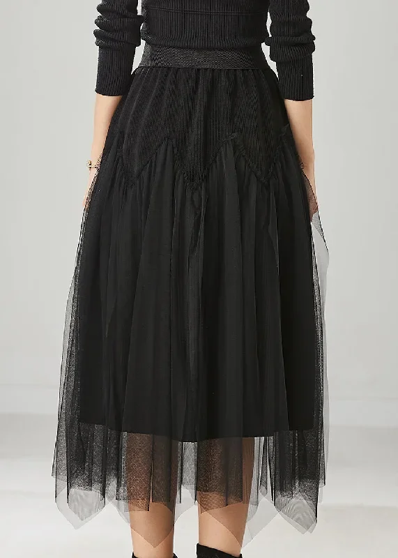 chic-black-high-waist-patchwork-tulle-corduroy-skirts-spring