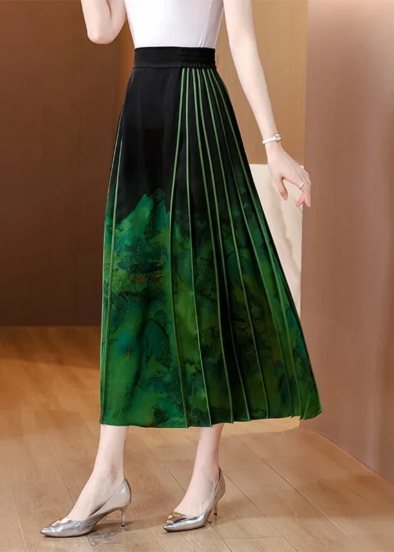 chinese-style-blackish-green-wrinkled-print-silk-skirts-spring