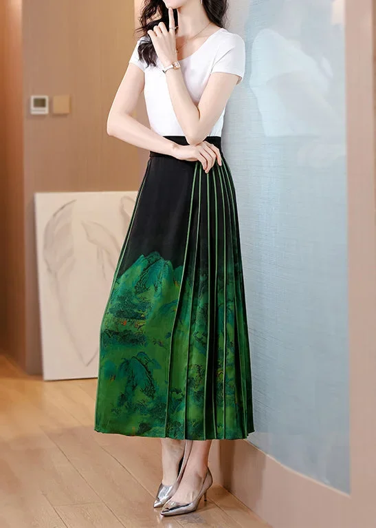 chinese-style-blackish-green-wrinkled-print-silk-skirts-spring