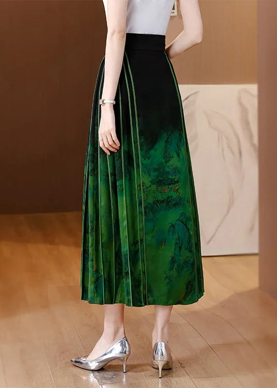 chinese-style-blackish-green-wrinkled-print-silk-skirts-spring