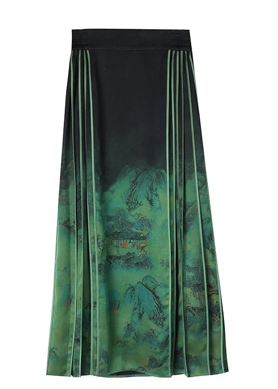 chinese-style-blackish-green-wrinkled-print-silk-skirts-spring