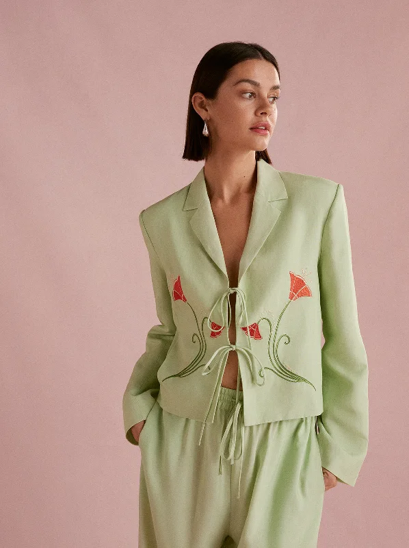 Cressida Pistachio Embroidered Tie Front Blazer