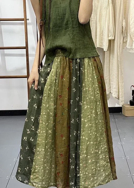 diy-green-print-wrinkled-elastic-waist-linen-skirt-spring