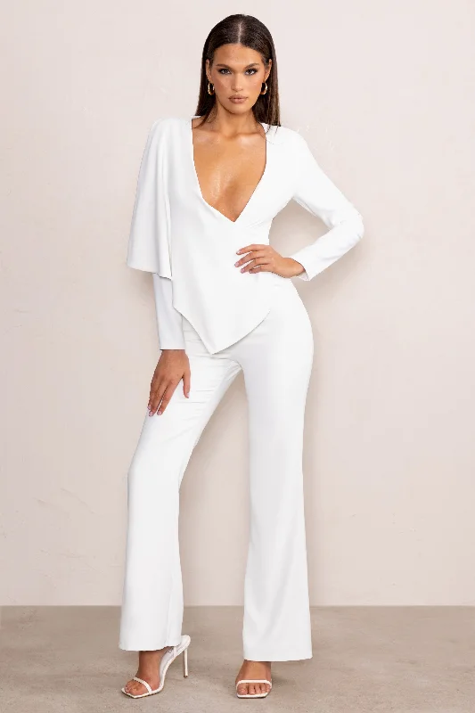 Erika | White Plunge Jumpsuit with One-Shoulder Cape Overlay