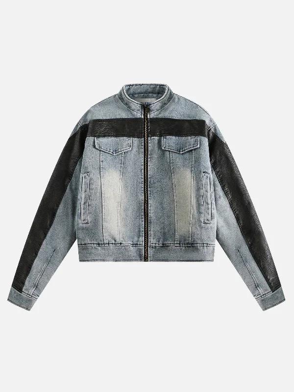 Faux Leather Patchwork Denim Racing Jacket