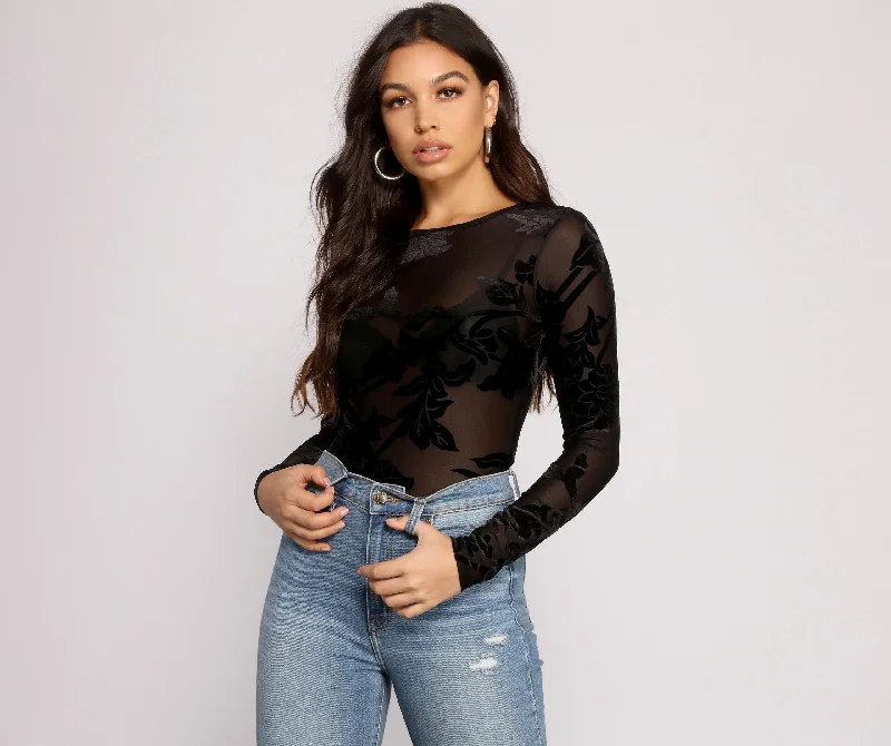 Flocked Floral Mesh Bodysuit